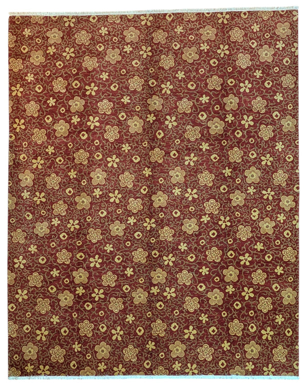 Tappeto Moderno 349x282 cm annodato a mano con fondo rosso e motivi floreali chiari.