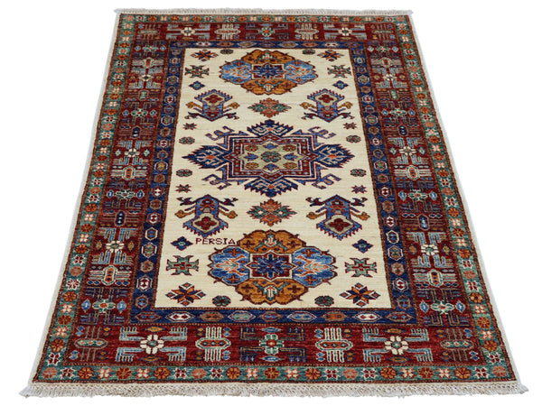 Tappeto Shirvan 145x100 cm, annodato a mano, lana pregiata con motivi geometrici e floreali caucasici.