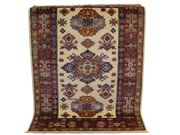 Tappeto Shirvan 145x100 cm, annodato a mano, lana pregiata con motivi geometrici e floreali caucasici.