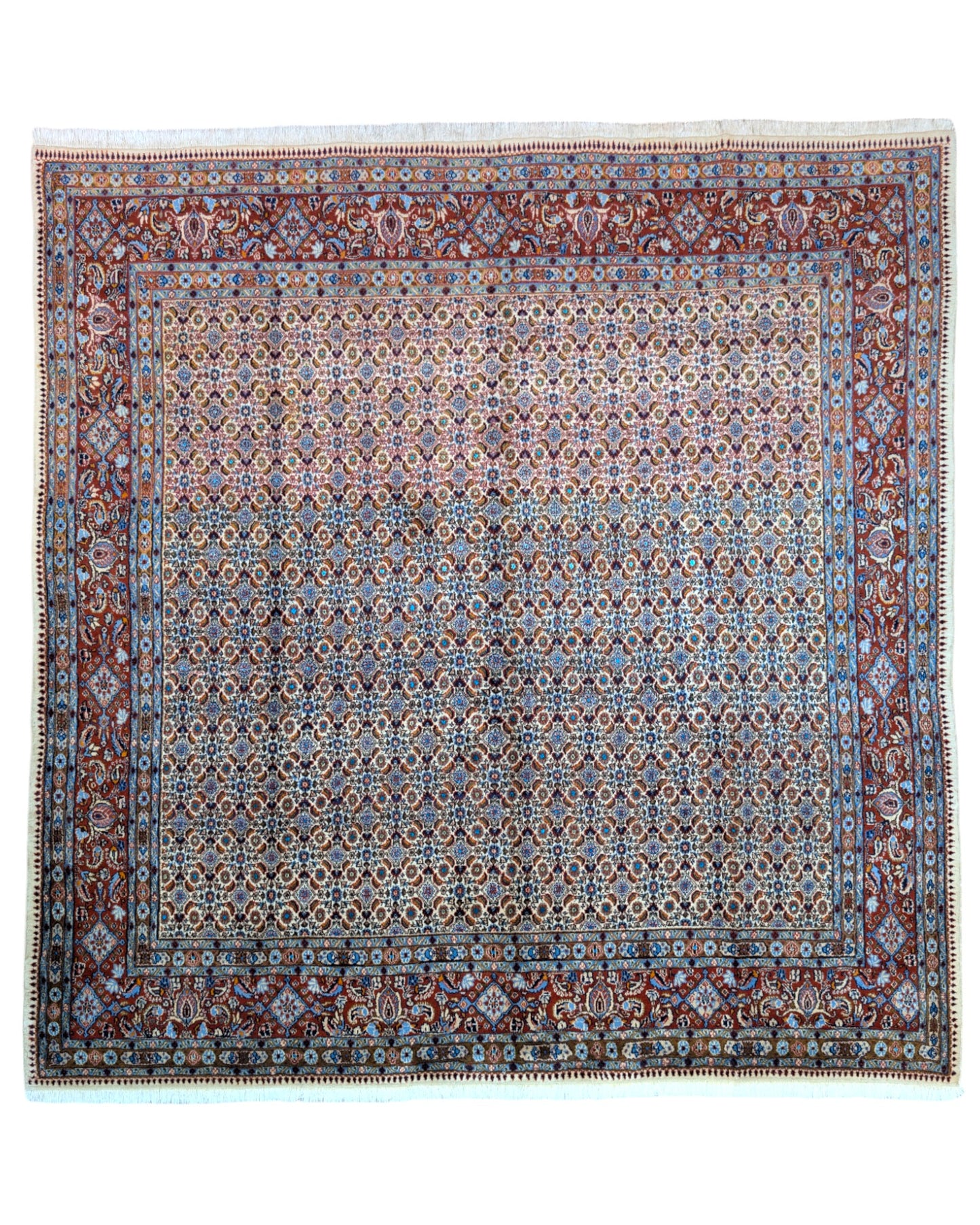 Tappeto Mud persiano 242x237 cm, annodato a mano in lana e seta, con motivi floreali azzurri e crema su fondo bordeaux.