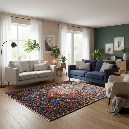 Tappeto Nahavand "Giardino Persiano" blu con motivi floreali e geometrici, annodato a mano in Persia con lana e cotone tinti con colori vegetali.