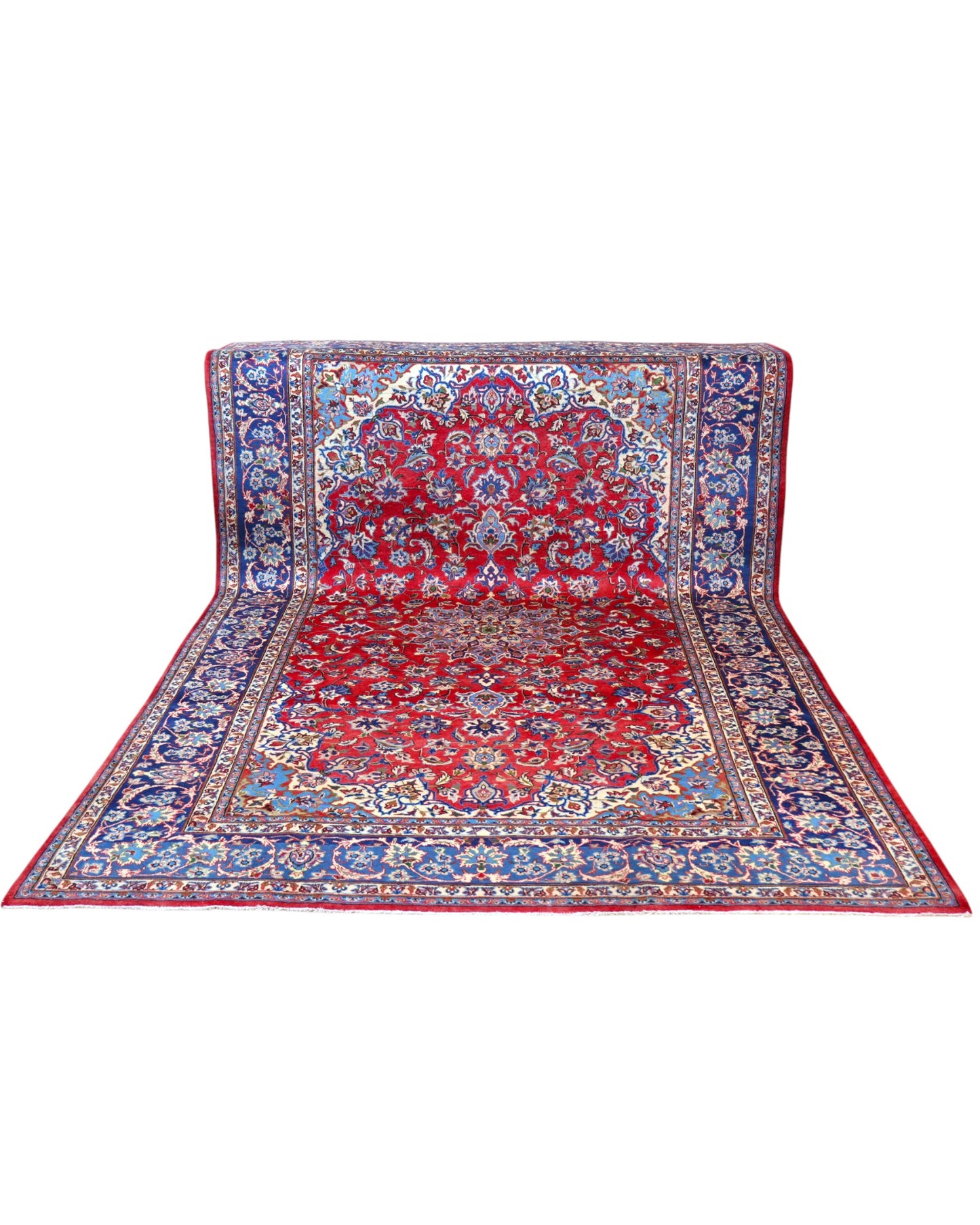 Tappeto Najafabad persiano 350x231 cm, annodato a mano in lana e cotone con colori vegetali, fondo rosso e dettagli blu e avorio.