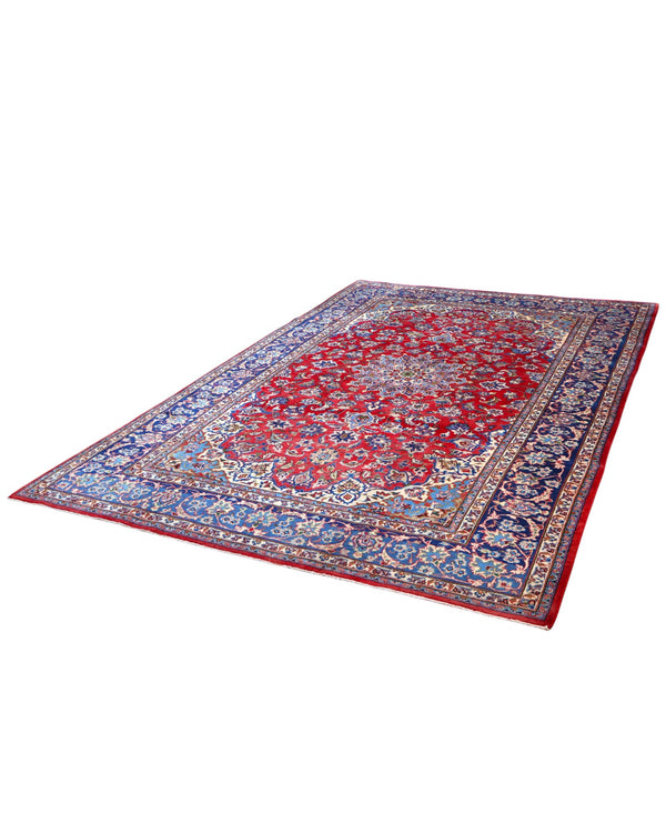 Tappeto Najafabad persiano 350x231 cm, annodato a mano in lana e cotone con colori vegetali, fondo rosso e dettagli blu e avorio.