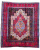 Tappeto Senneh 168x143 cm persiano, annodato a mano, medaglione centrale geometrico su fondo rosso con dettagli blu, avorio e arancio, tipico del Kurdistan iraniano.