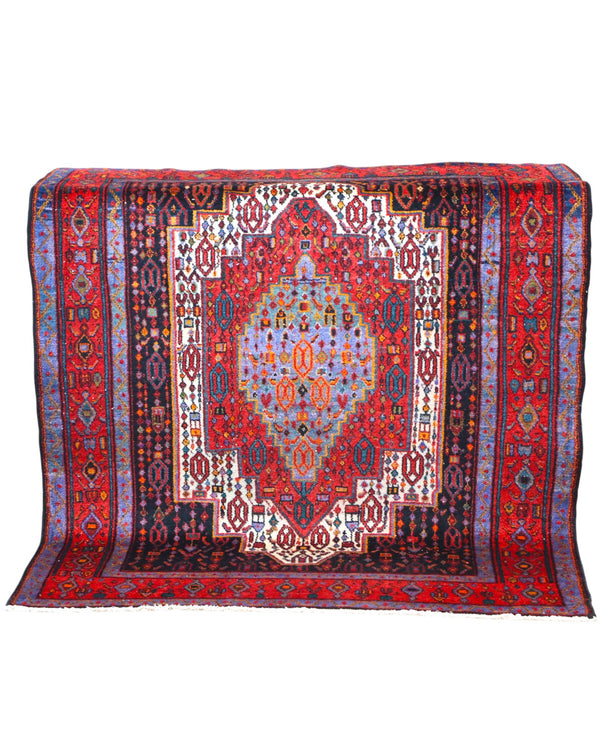 Tappeto Senneh 168x143 cm persiano, annodato a mano, medaglione centrale geometrico su fondo rosso con dettagli blu, avorio e arancio, tipico del Kurdistan iraniano.