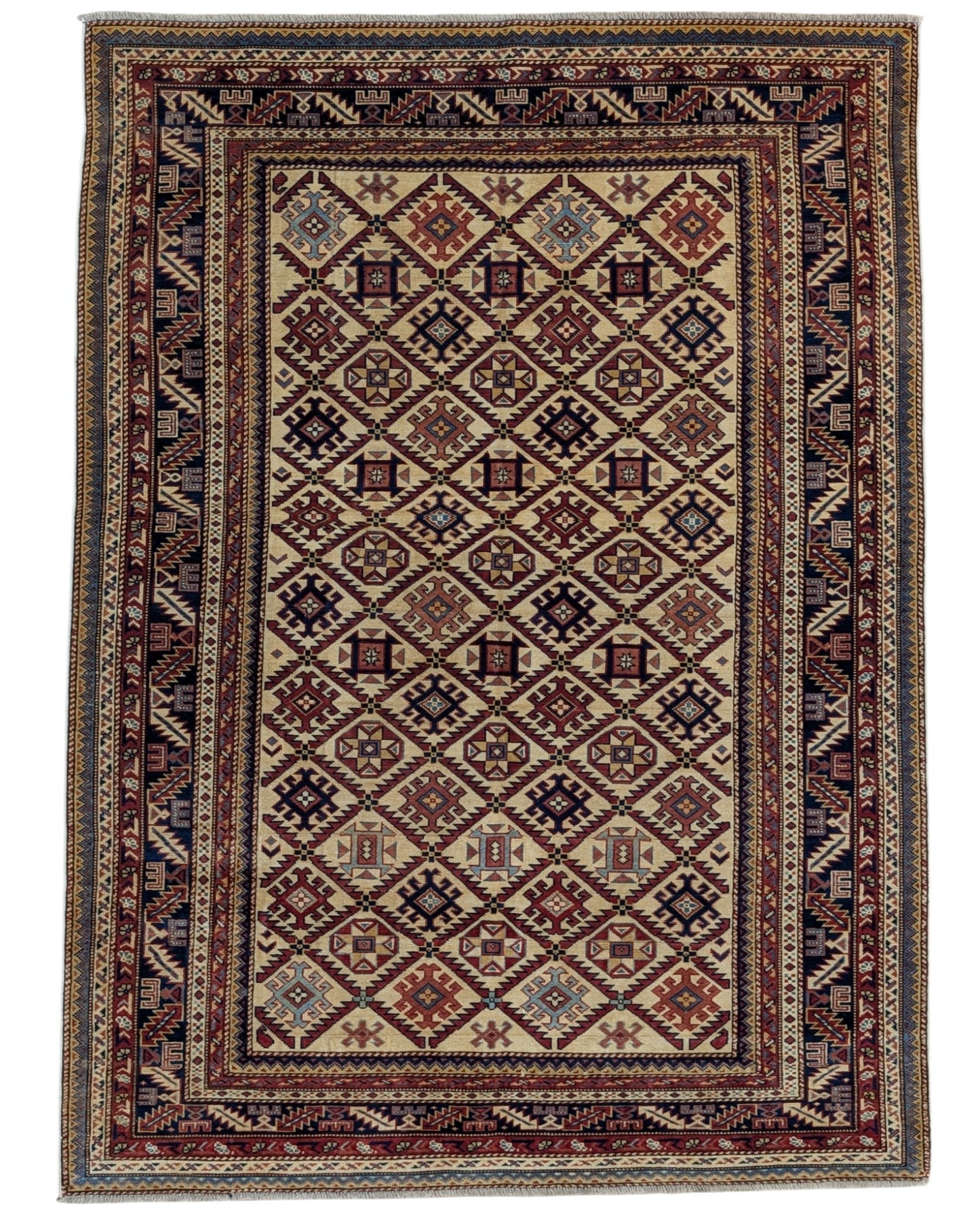 Tappeto Shirvan 198x146 cm, annodato a mano, lana e colori vegetali, motivi geometrici a rombi, artigianato caucasico.