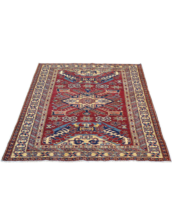 Tappeto Shirvan Afghan 163x127 cm annodato a mano, rettangolare, fondo rosso con motivi geometrici, realizzato in cotone e lana con colori vegetali.