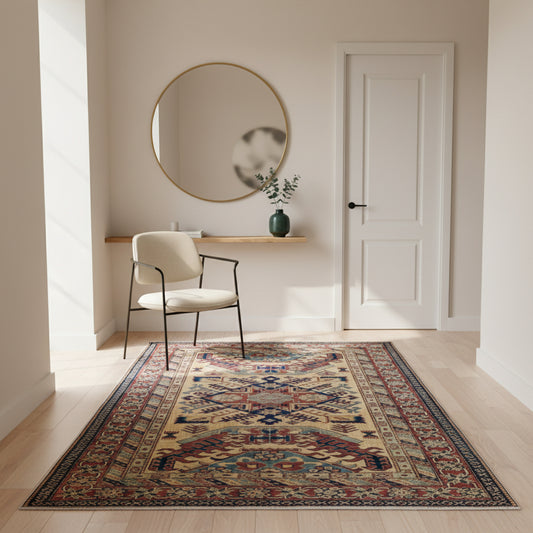 Tappeto Shirvan Afghan annodato a mano 159x120 cm con motivi geometrici caucasici e colori vivaci.