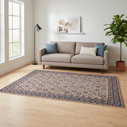 Tappeto Shirvan afgano, campo beige con cornice blu e motivo geometrico, annodato a mano, 200x152 cm.