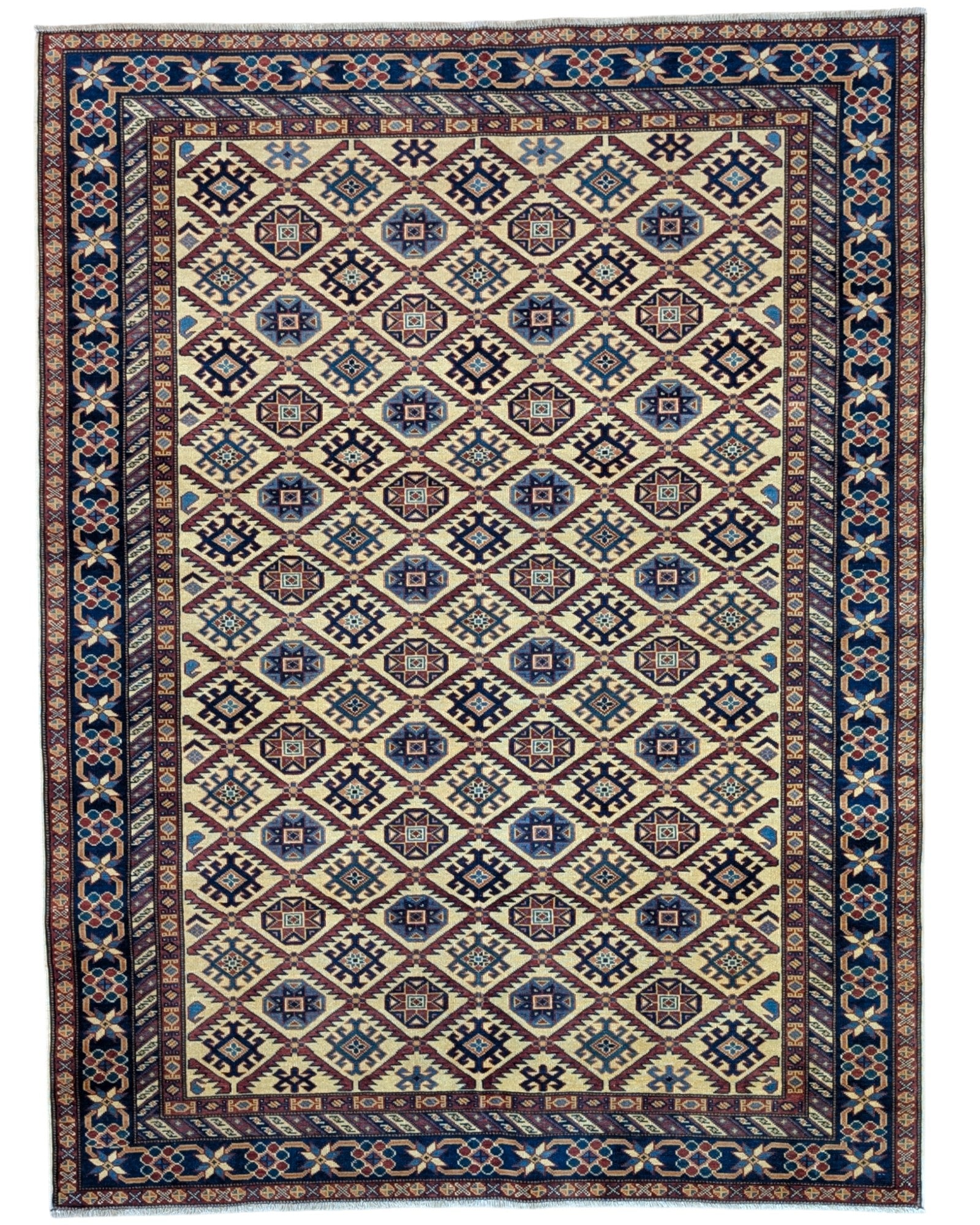 Tappeto Shirvan afgano, campo beige con cornice blu e motivo geometrico, annodato a mano, 200x152 cm.