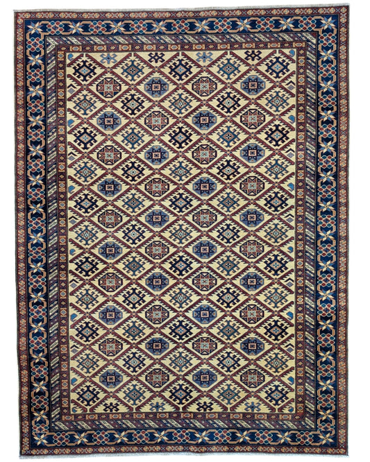 Tappeto Shirvan afgano, campo beige con cornice blu e motivo geometrico, annodato a mano, 200x152 cm.