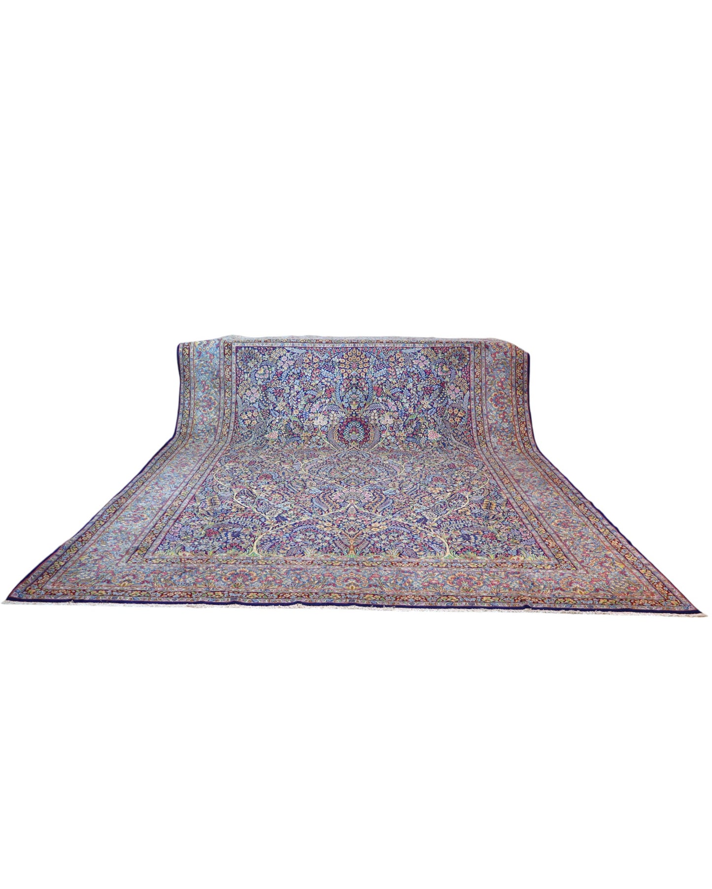Tappeto Tabriz 486x357 cm persiano, annodato a mano in lana pregiata con colori vegetali, ricco motivo floreale su fondo azzurro e blu. Eleganza maestosa.