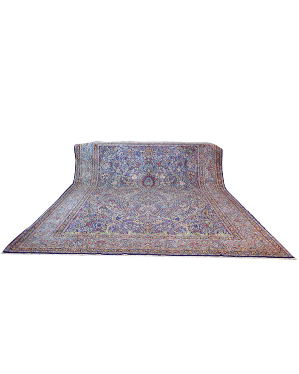 Tappeto Tabriz 486x357 cm persiano, annodato a mano in lana pregiata con colori vegetali, ricco motivo floreale su fondo azzurro e blu. Eleganza maestosa.