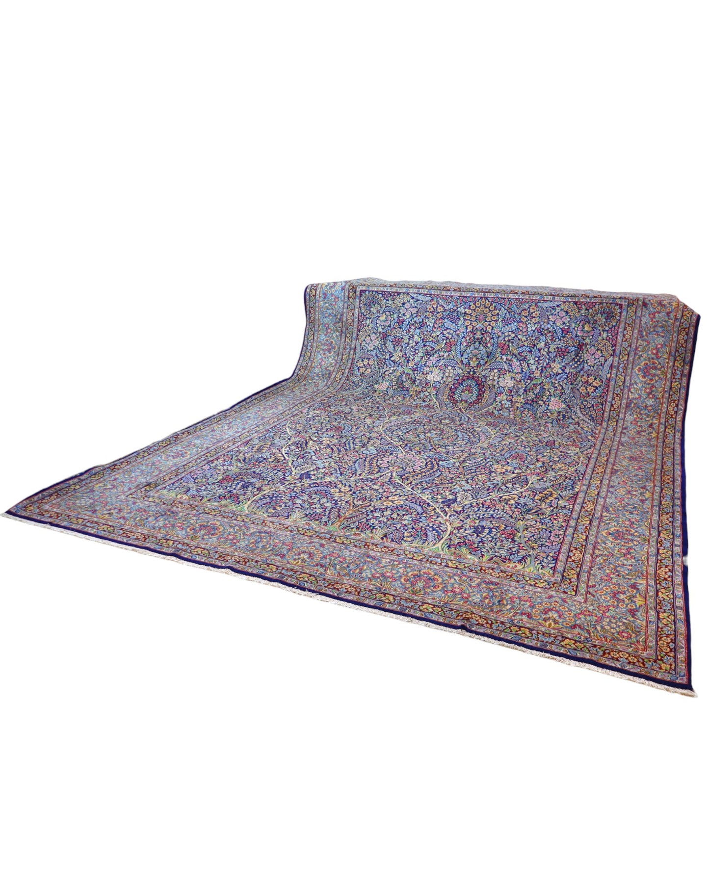 Tappeto Tabriz 486x357 cm persiano, annodato a mano in lana pregiata con colori vegetali, ricco motivo floreale su fondo azzurro e blu. Eleganza maestosa.