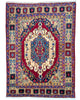 Tappeto Tabriz rosso con motivi geometrici, annodato a mano in Persia con lana e cotone tinti con colori vegetali.