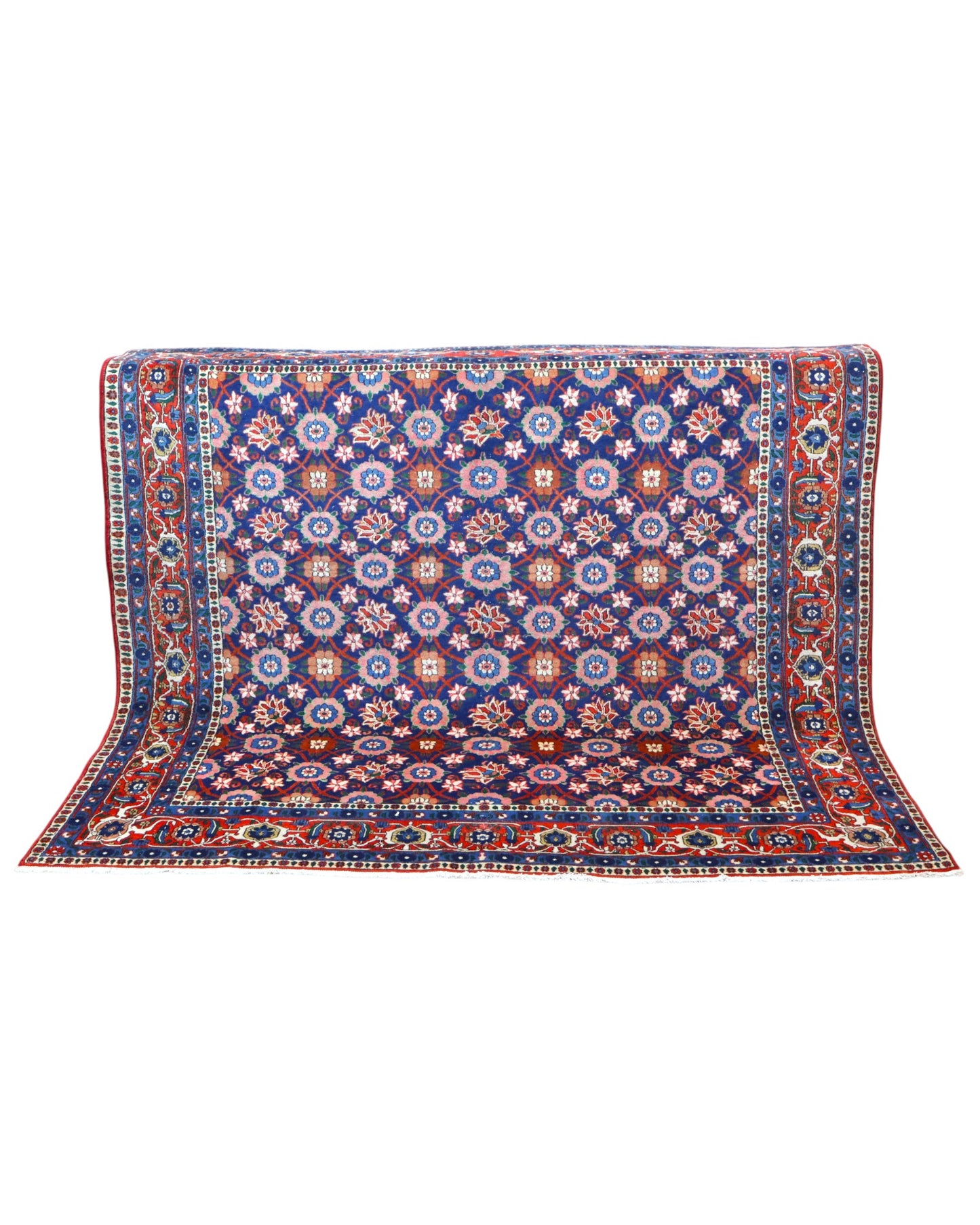 Tappeto Varamin 201x193 cm persiano annodato a mano, quasi quadrato, fondo blu con disegno floreale Mina Khani in rosa, avorio e azzurro, cornice rossa decorata.