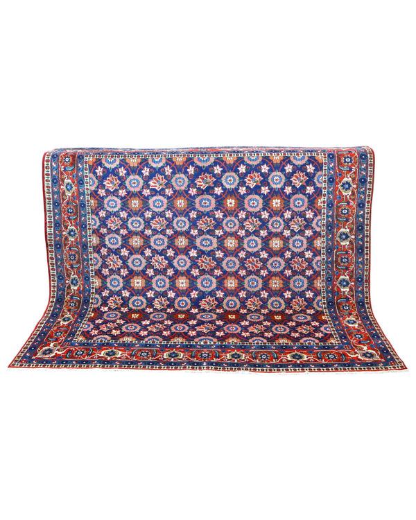 Tappeto Varamin 201x193 cm persiano annodato a mano, quasi quadrato, fondo blu con disegno floreale Mina Khani in rosa, avorio e azzurro, cornice rossa decorata.