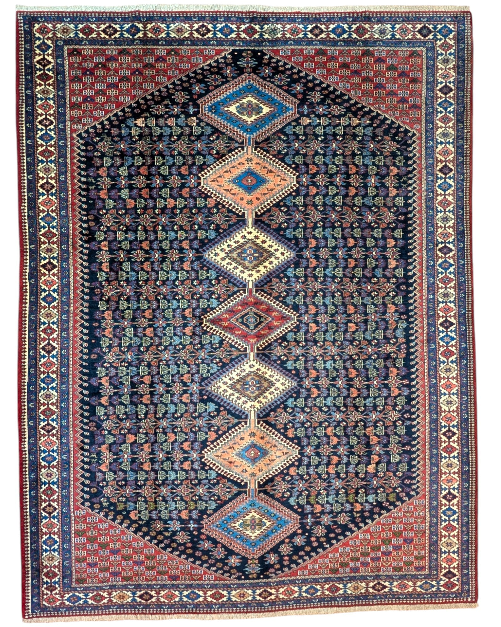 Tappeto Yalame persiano 346x265 cm, annodato a mano in lana e cotone, fondo blu con disegni geometrici tradizionali.