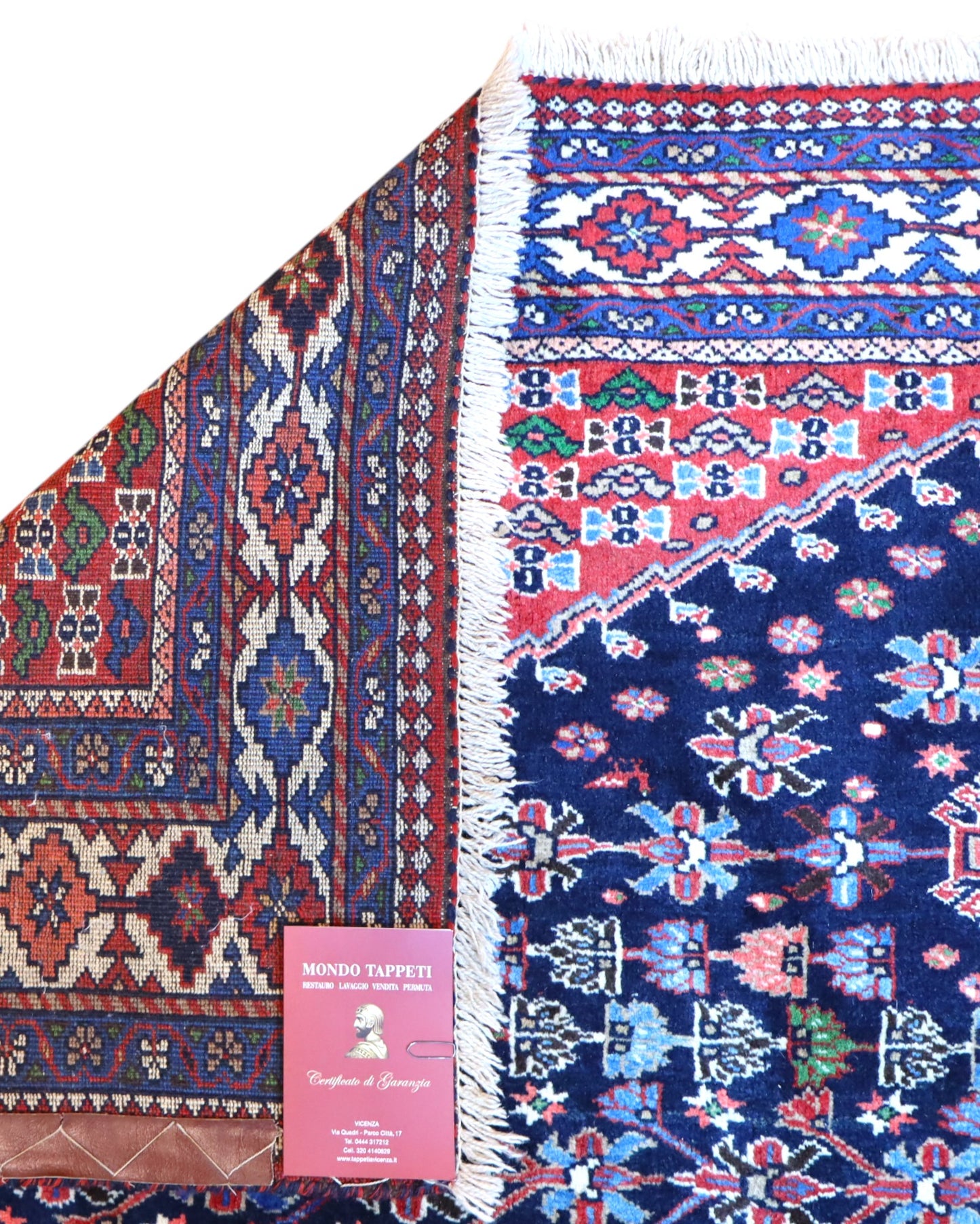 Tappeto Yalame persiano 346x265 cm, annodato a mano in lana e cotone, fondo blu con disegni geometrici tradizionali.