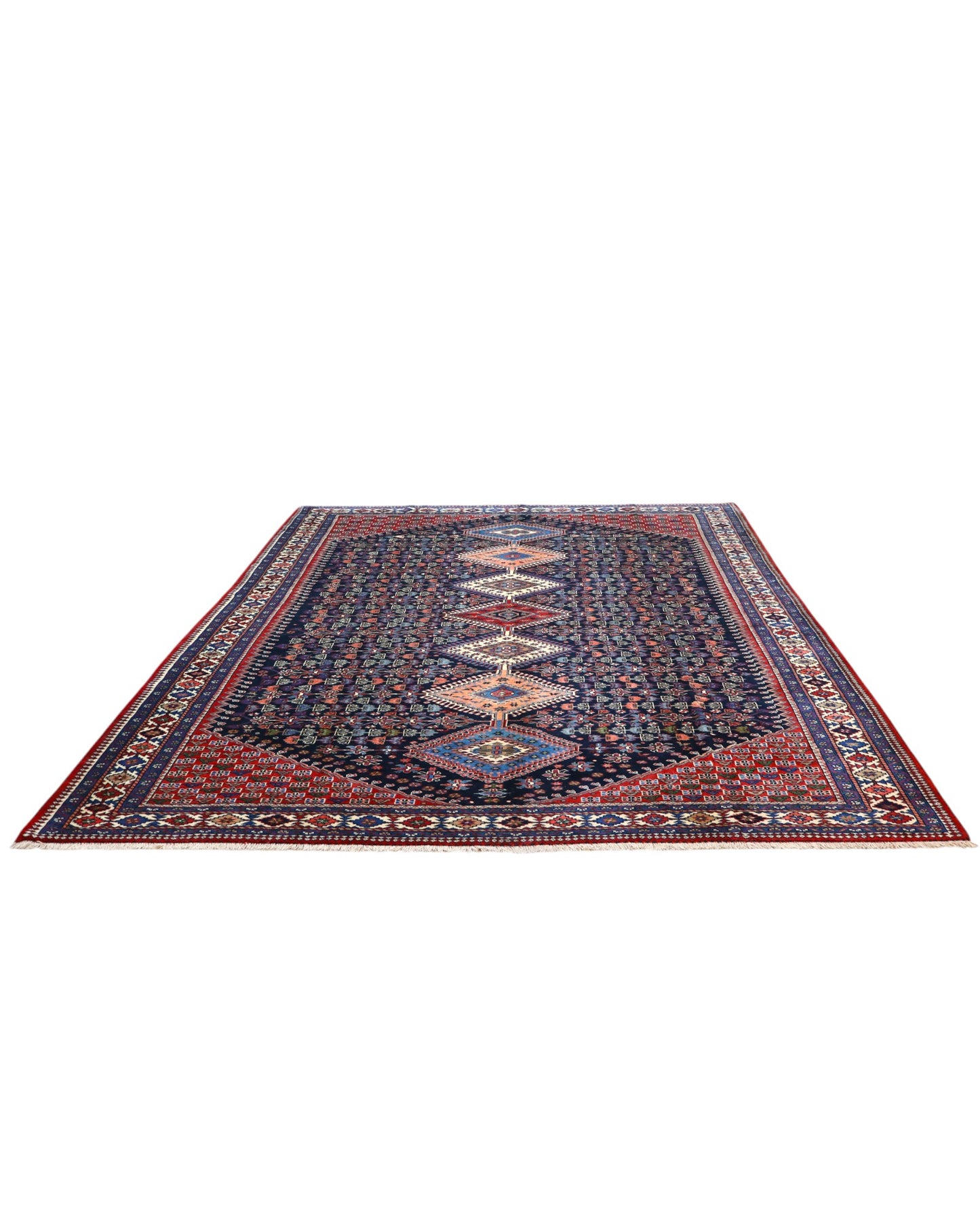 Tappeto Yalame persiano 346x265 cm, annodato a mano in lana e cotone, fondo blu con disegni geometrici tradizionali.