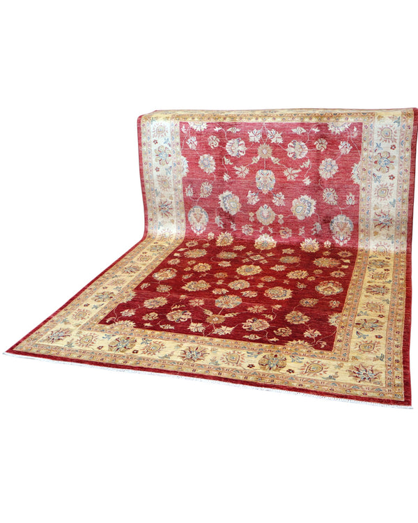 Tappeto Ziegler 298x207 cm con fondo bordeaux, motivi floreali avorio e dettagli azzurri, tramato ed annodato a mano, provenienza Afghanistan.