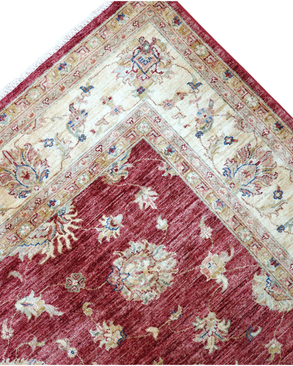 Tappeto Ziegler 298x207 cm con fondo bordeaux, motivi floreali avorio e dettagli azzurri, tramato ed annodato a mano, provenienza Afghanistan.