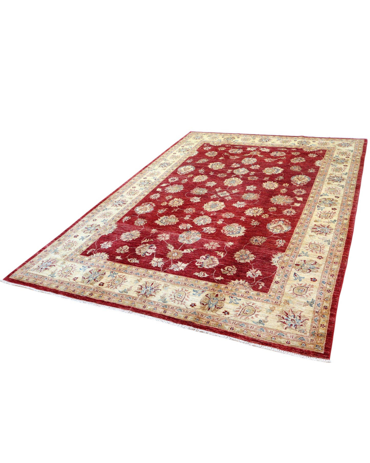 Tappeto Ziegler 298x207 cm con fondo bordeaux, motivi floreali avorio e dettagli azzurri, tramato ed annodato a mano, provenienza Afghanistan.