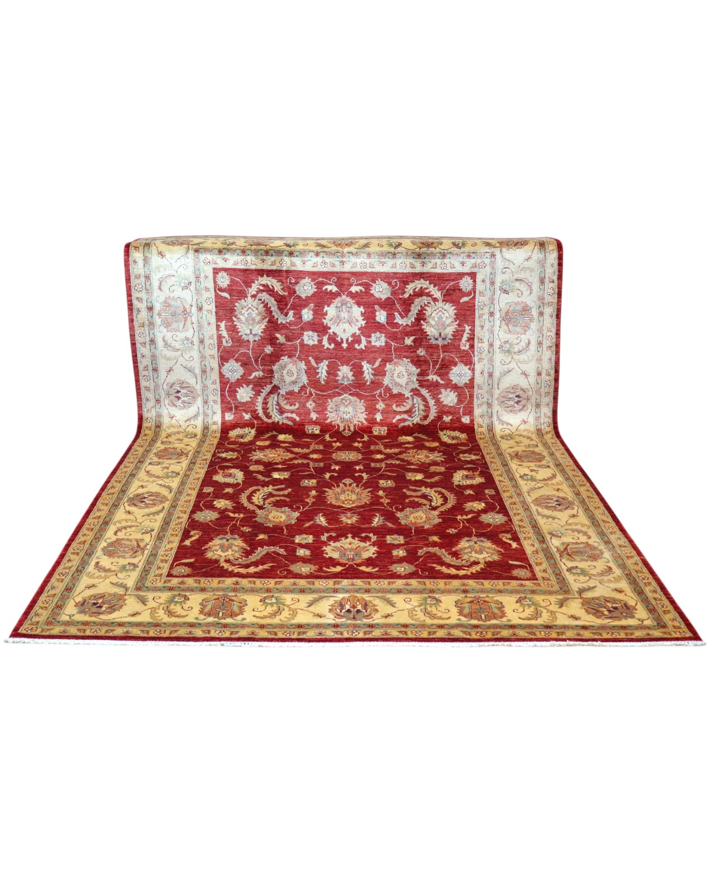 Tappeto Ziegler 307x215 cm con fondo bordeaux, motivi floreali avorio e dettagli verdi, tramato ed annodato a mano, provenienza Afghanistan.