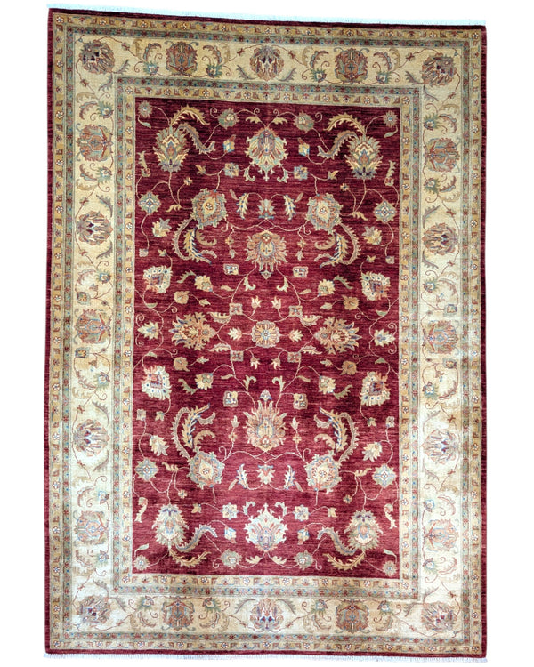 Tappeto Ziegler 307x215 cm con fondo bordeaux, motivi floreali avorio e dettagli verdi, tramato ed annodato a mano, provenienza Afghanistan.