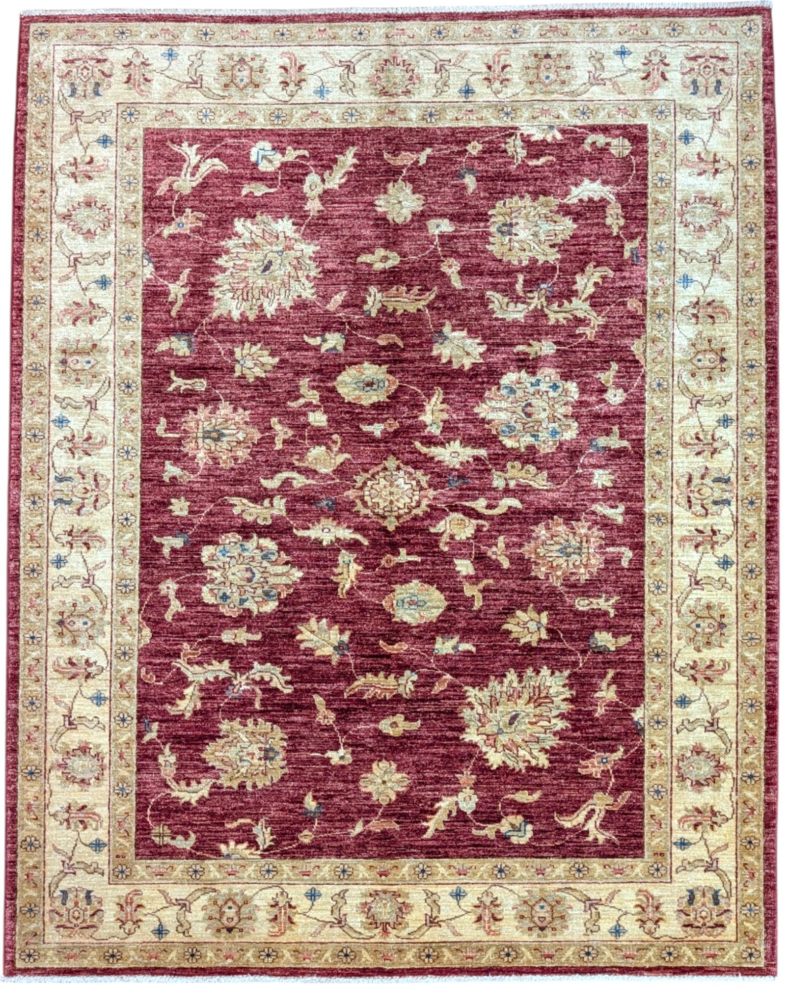 Tappeto Ziegler Farahan 195x155 cm, annodato a mano in Afghanistan, campo rosso melograno con motivi floreali e cornice beige, lana tinta vegetale, certificato di autenticità incluso.