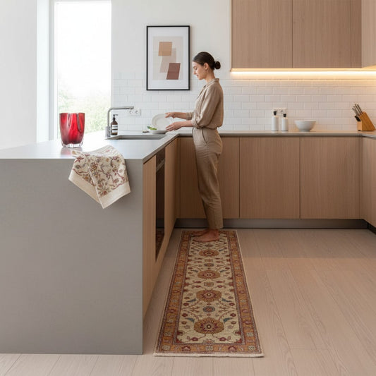 Tappeto Ziegler afgano, beige con design decorativo, annodato a mano, 338x81 cm.