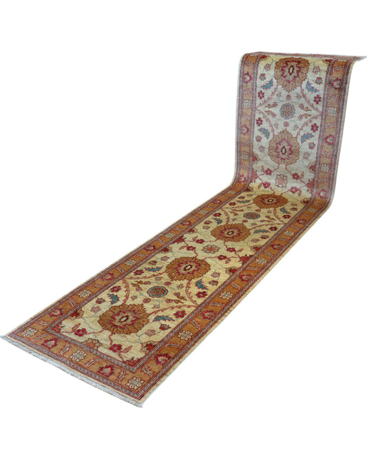 Tappeto Ziegler afgano, beige con design decorativo, annodato a mano, 338x81 cm.