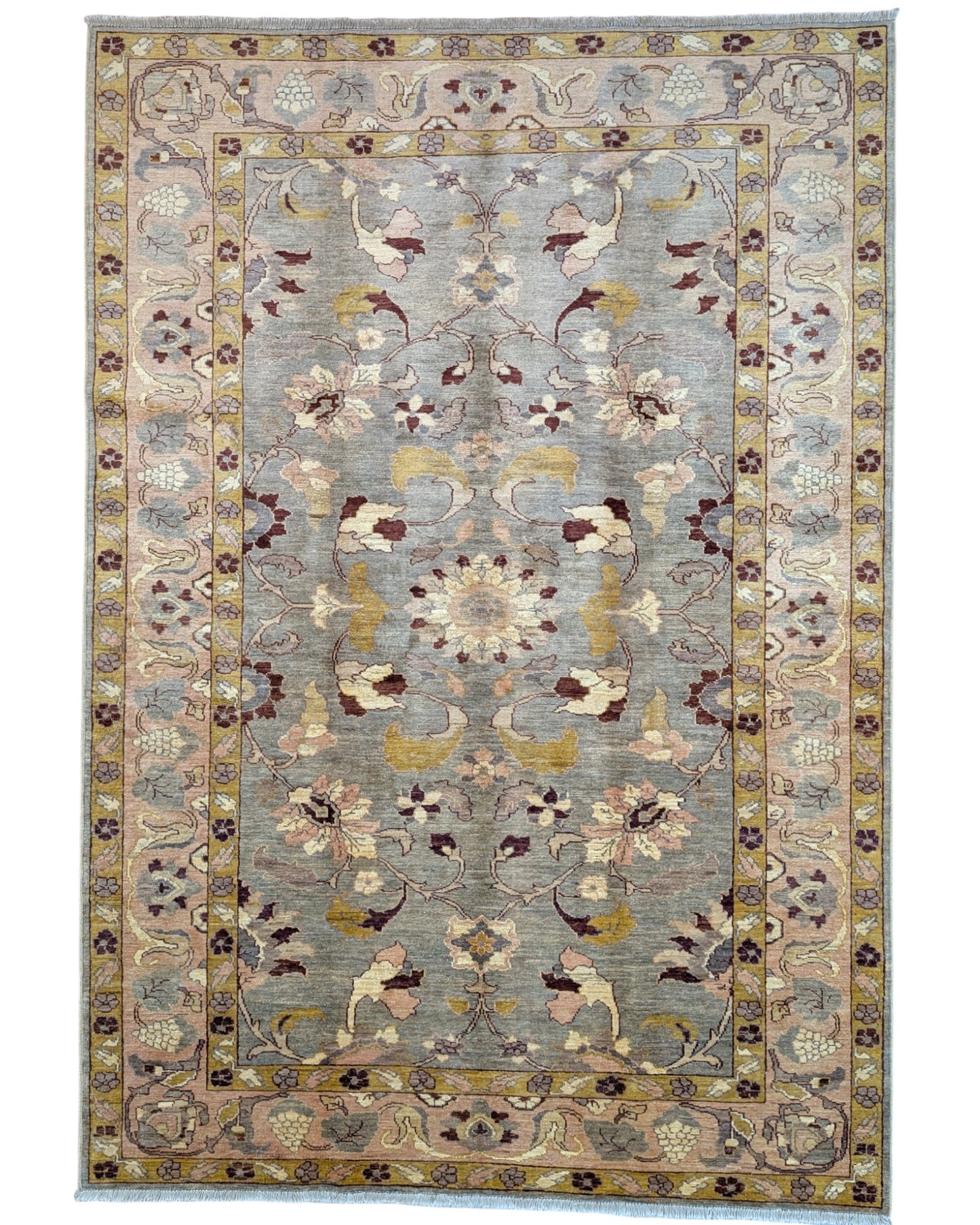 Tappeto Ziegler afgano, fondo grigio chiaro con motivi decorativi contemporanei, annodato a mano, 250x172 cm.