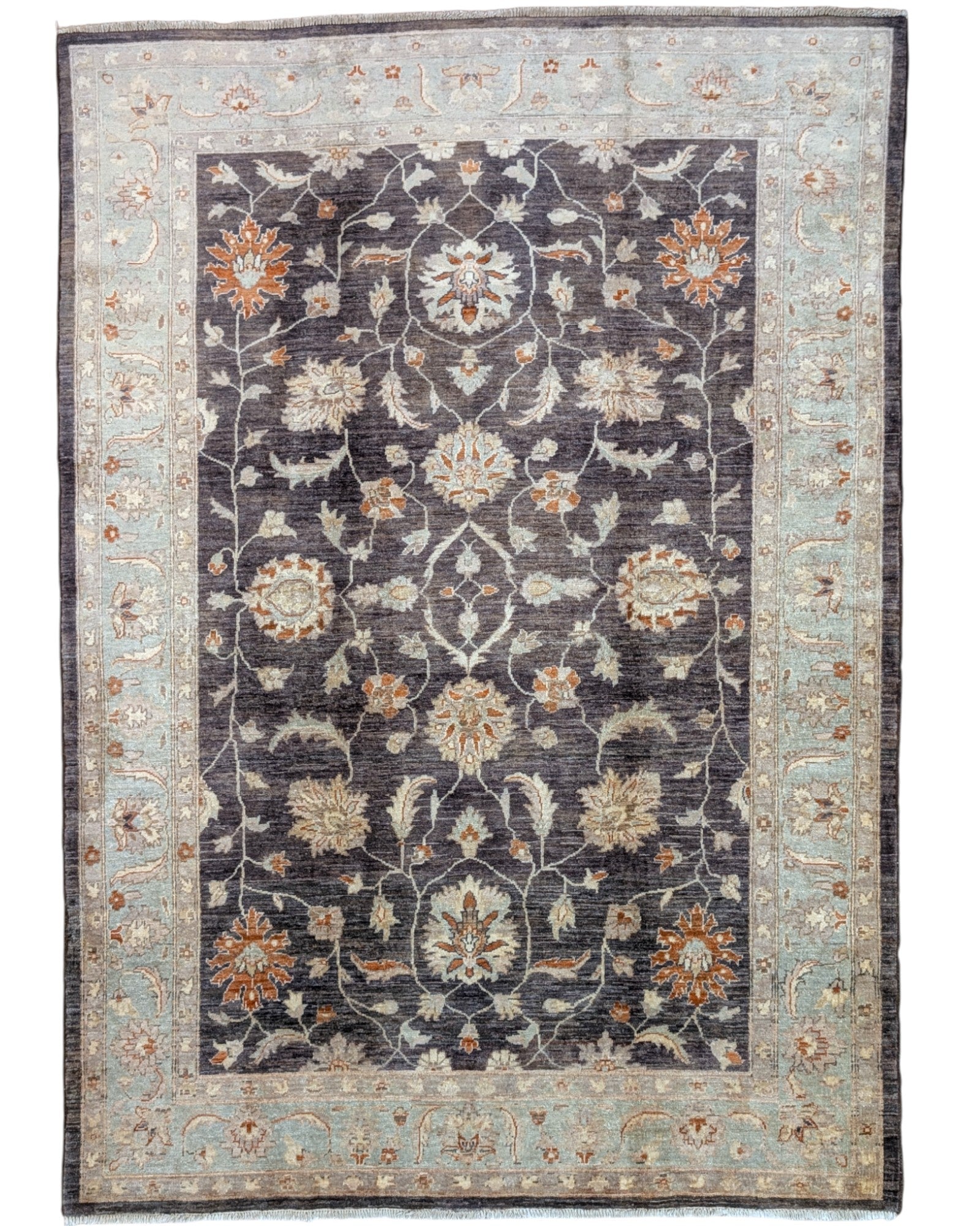 Tappeto Ziegler afgano fondo marrone bruciato con cornice beige e disegno contemporaneo