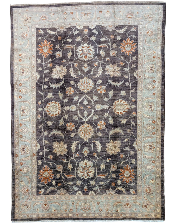 Tappeto Ziegler afgano fondo marrone bruciato con cornice beige e disegno contemporaneo