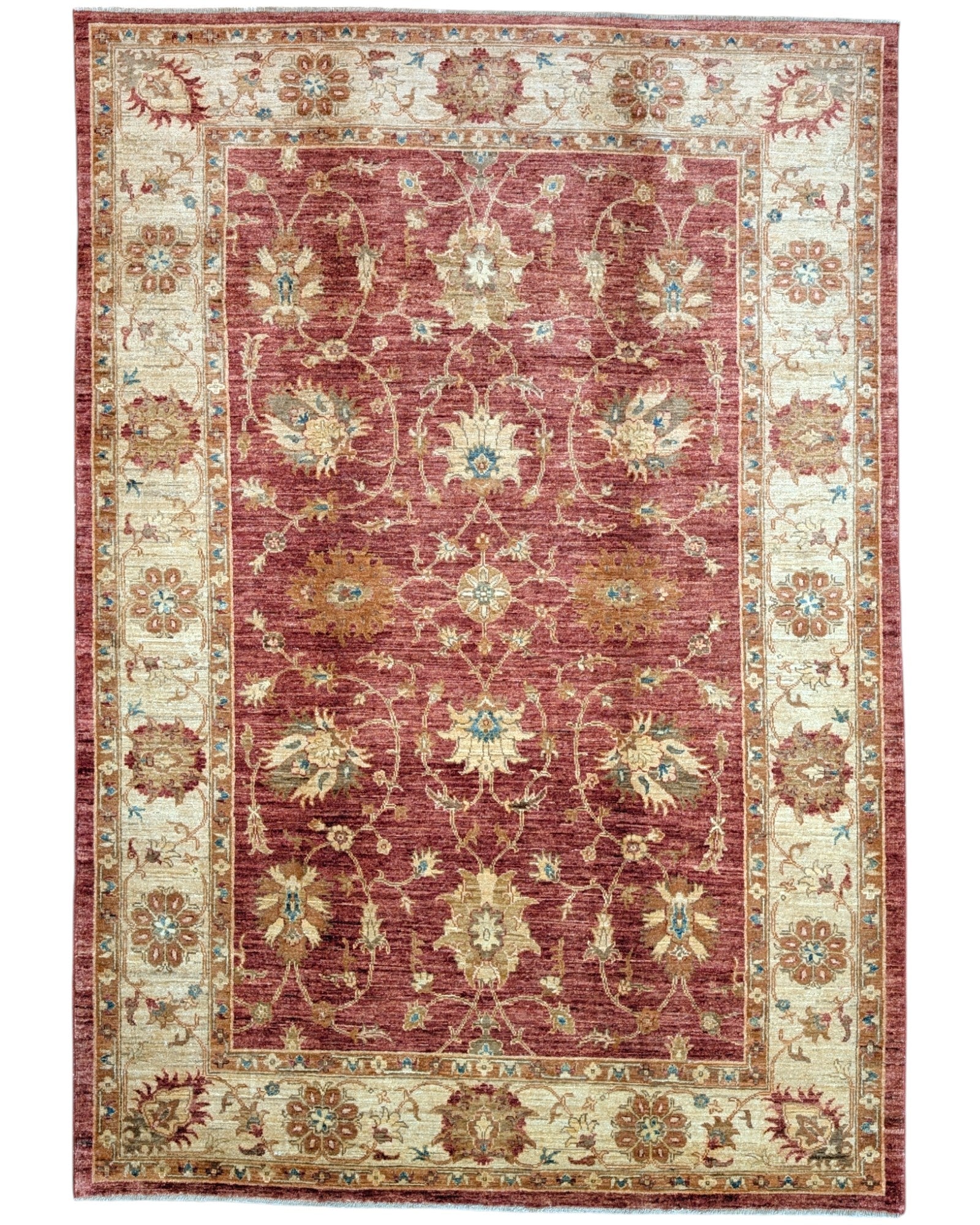 Tappeto Ziegler afgano, fondo rosso mattone con cornice beige e disegno contemporaneo, annodato a mano, 245x171 cm.