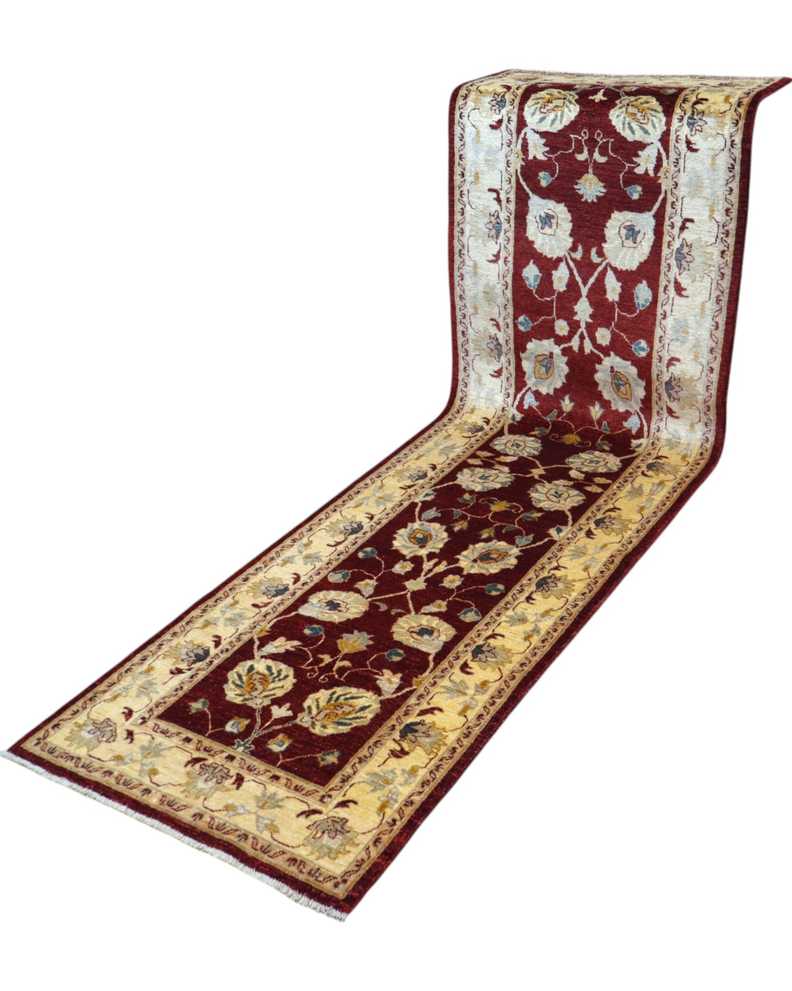 Tappeto Ziegler afgano, rosso melograno e beige, annodato a mano, 300x86 cm.