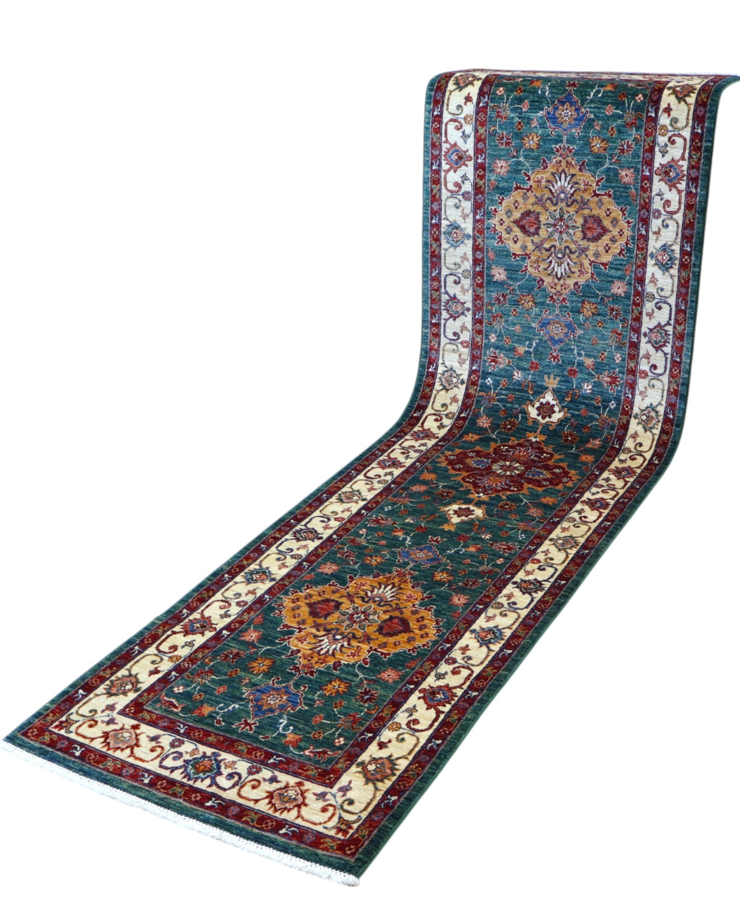 Tappeto Ziegler afgano, verde smeraldo con cornice beige e disegno geometrico, annodato a mano, 291x81 cm.