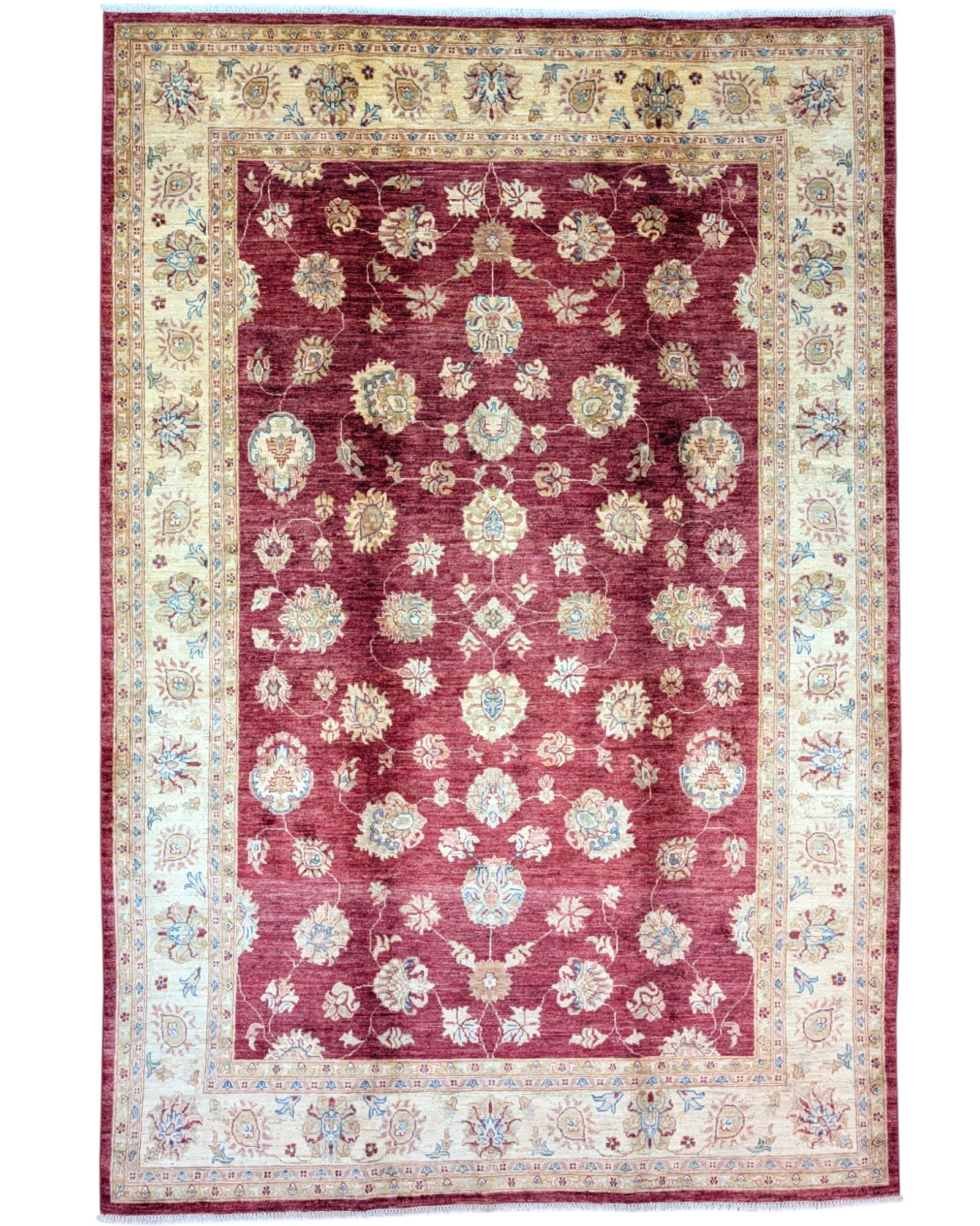 Tappeto Ziegler 298x207 cm con fondo bordeaux, motivi floreali avorio e dettagli azzurri, tramato ed annodato a mano, provenienza Afghanistan.