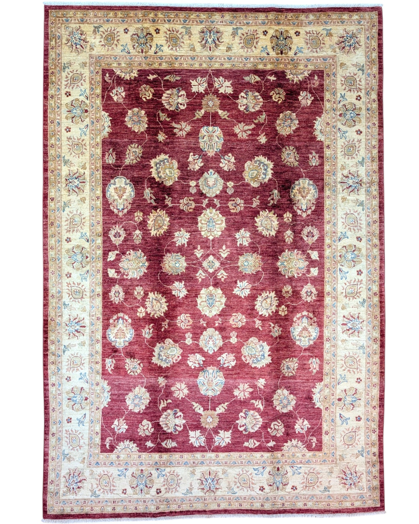 Tappeto Ziegler 298x207 cm con fondo bordeaux, motivi floreali avorio e dettagli azzurri, tramato ed annodato a mano, provenienza Afghanistan.