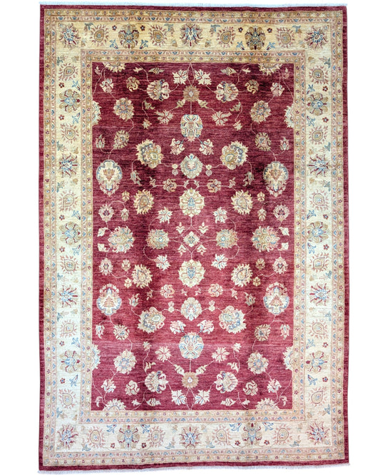 Tappeto Ziegler 298x207 cm con fondo bordeaux, motivi floreali avorio e dettagli azzurri, tramato ed annodato a mano, provenienza Afghanistan.