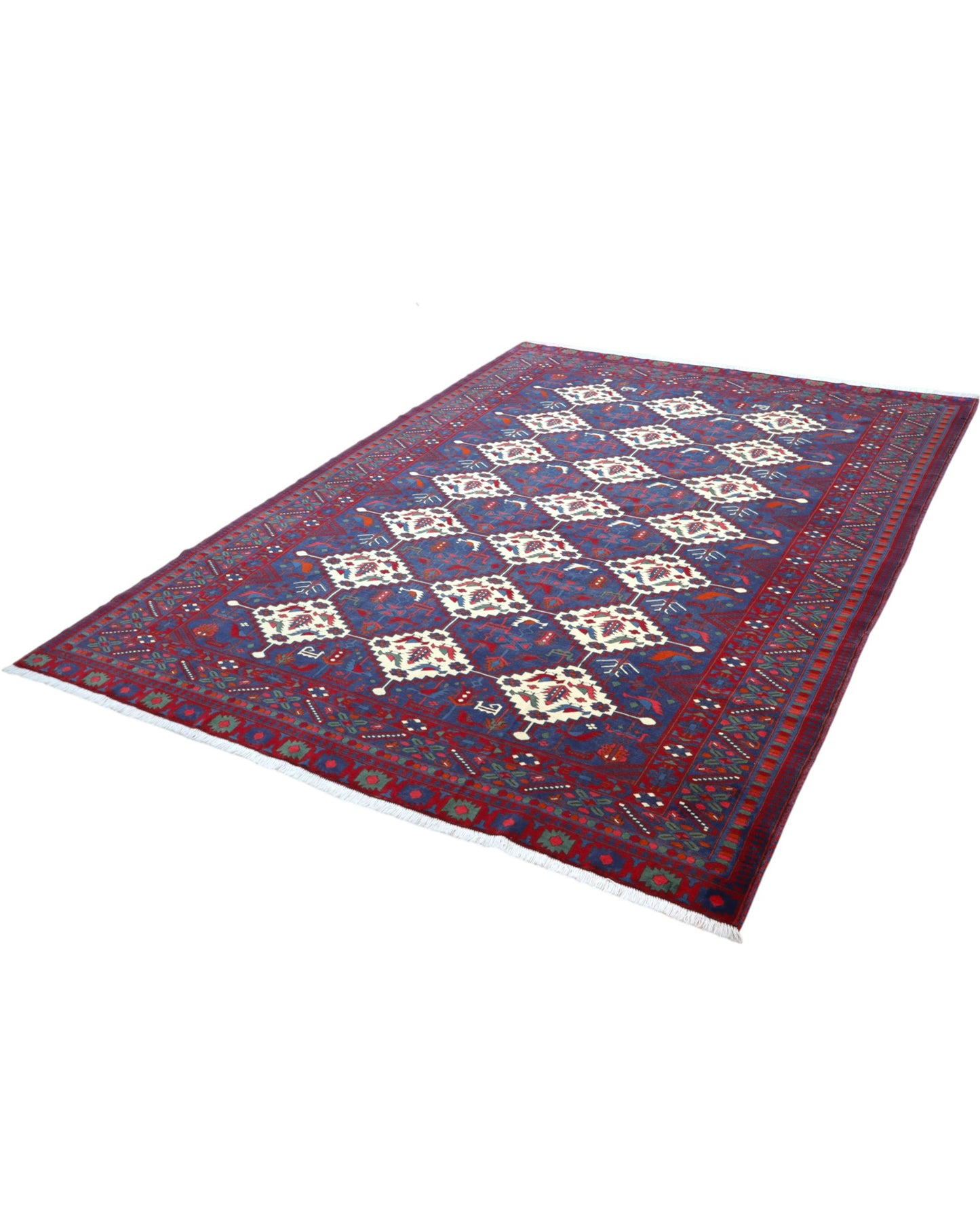 Tappeto afgano 289x196 cm con fondo blu e motivi geometrici avorio e rossi, tramato ed annodato a mano, provenienza Afghanistan.