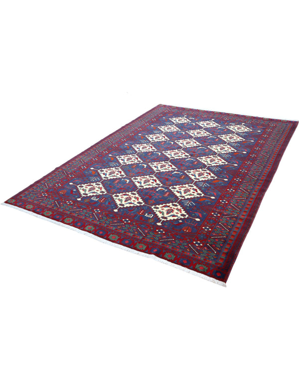 Tappeto afgano 289x196 cm con fondo blu e motivi geometrici avorio e rossi, tramato ed annodato a mano, provenienza Afghanistan.