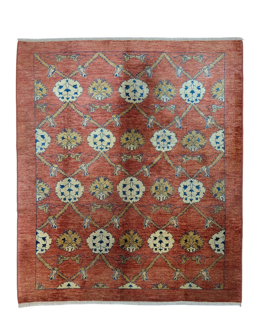 Tappeto contemporaneo 238x208 cm, fondo color mattone con motivi floreali e geometrici giallo/beige e blu, annodato a mano in Afghanistan, lana tinta vegetale, certificato di autenticità.