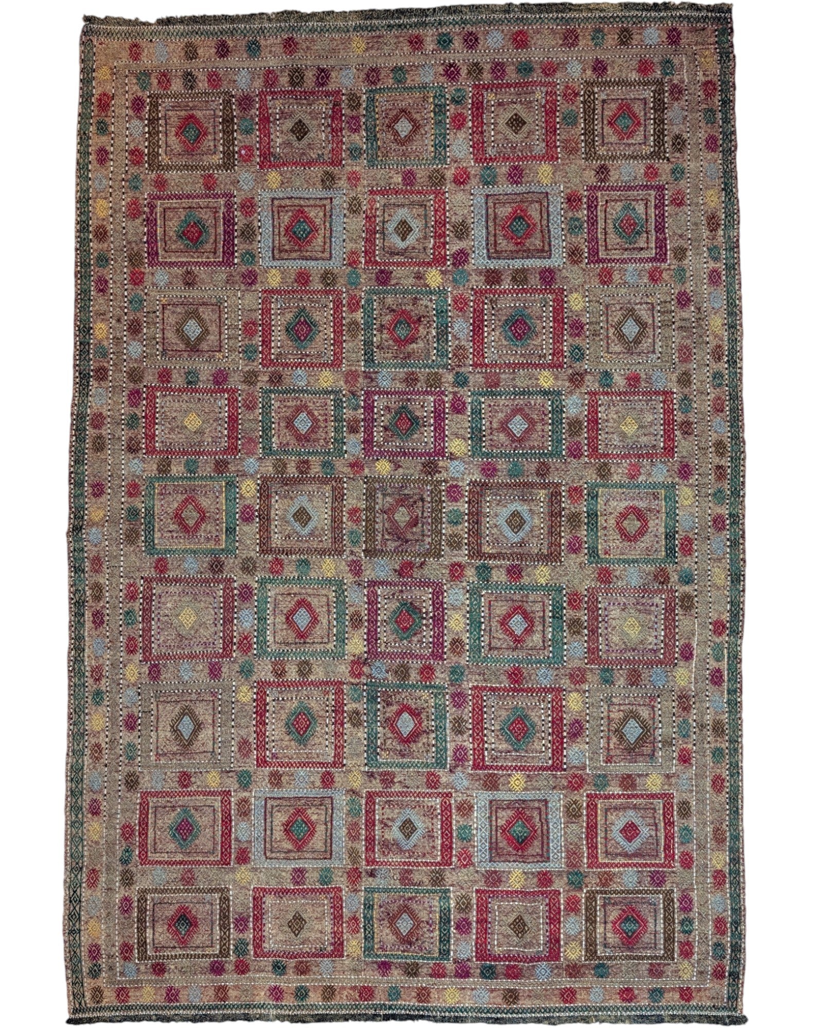 Tappeto kilim armeno 265x175 cm con fondo naturale e motivi geometrici multicolore, annodato a mano in lana e cotone, provenienza Armenia.