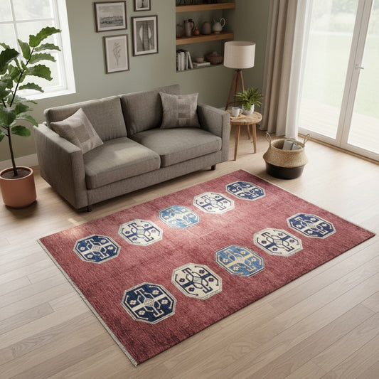 Tappeto moderno 196x155 cm, motivi geometrici ottagonali in blu, beige e nero, fondo rosso, artigianato tradizionale, certificato di autenticità incluso.