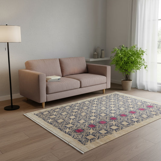 Tappeto moderno 200x150 cm, motivi geometrici e tocchi di fucsia, artigianato tradizionale, certificato di autenticità incluso.
