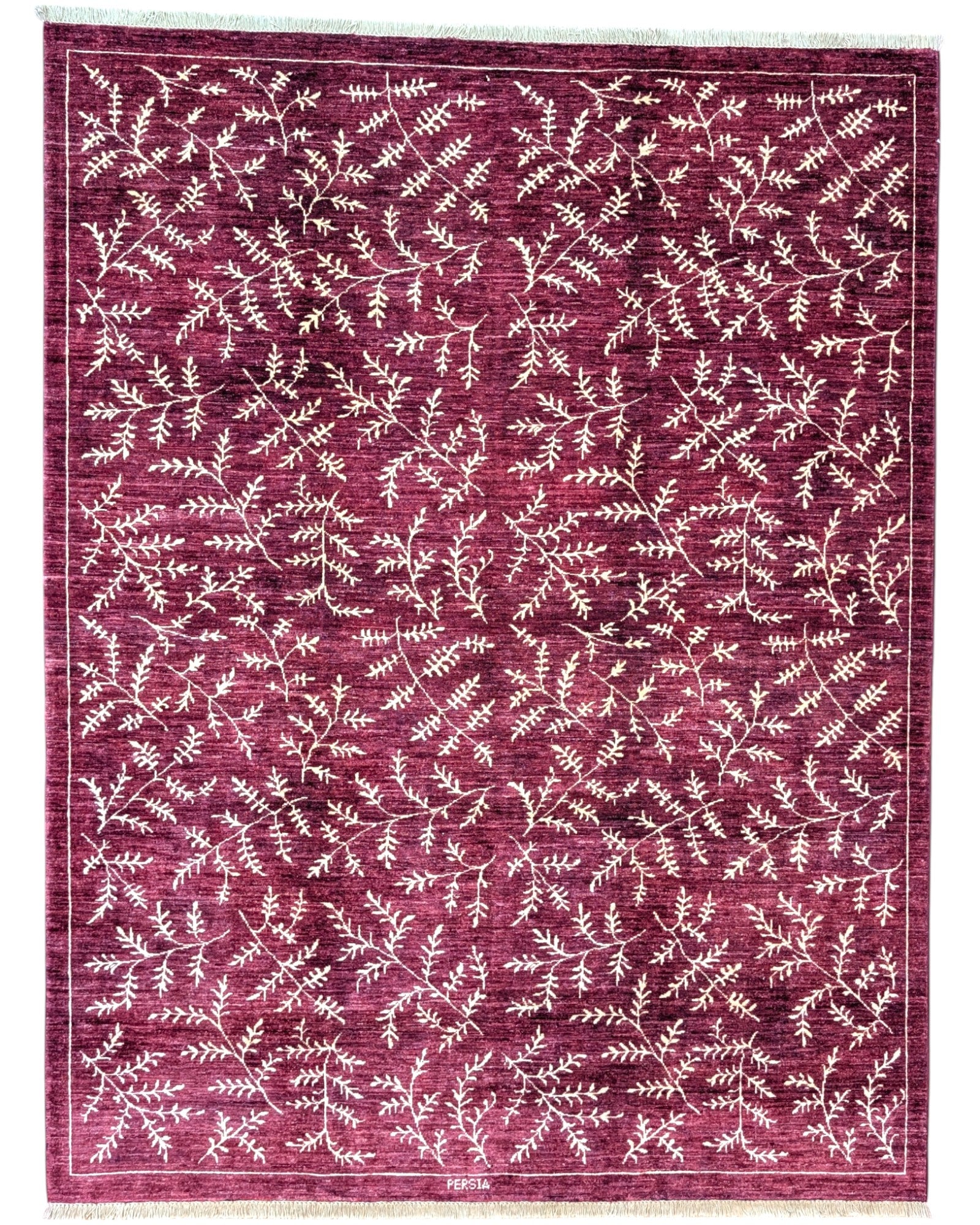 Tappeto moderno 225x178 cm Persia con fondo bordeaux e motivi floreali in avorio, annodato a mano in lana e cotone.