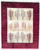 Tappeto moderno 226x186 cm Persia con fondo bordeaux e alberi stilizzati in rosso e marrone, annodato a mano in lana e cotone.
