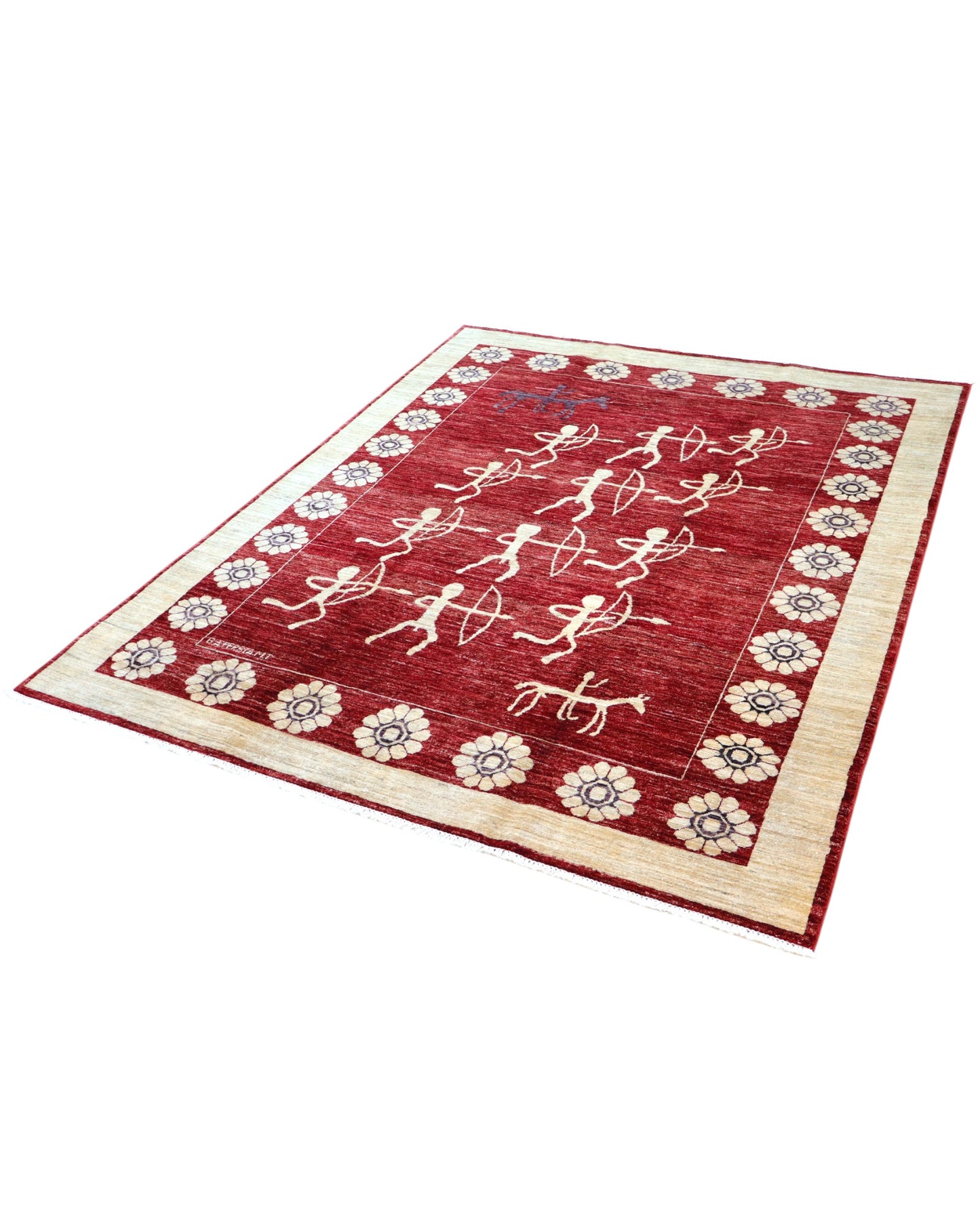 Tappeto moderno 230x172 cm Persia con fondo bordeaux, figure di arcieri in avorio e bordura floreale beige, annodato a mano in lana e cotone.
